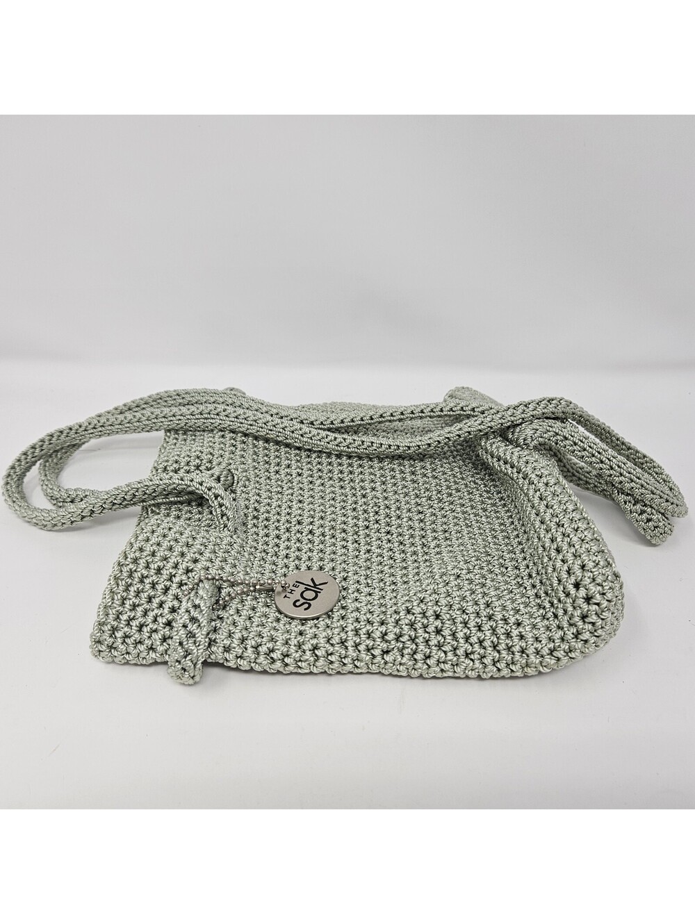 Vintage The Sak Y2K 90s Original Crochet Drawstring Backpack Sage Green Boho Bag